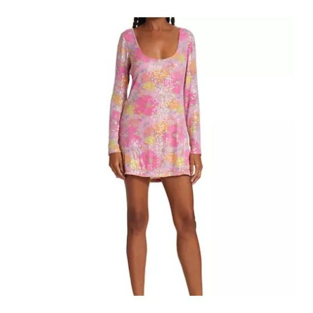 LoveShackFancy Womens Mini Rupert Dress Sequined Size M Pink Floral Scoop NWT